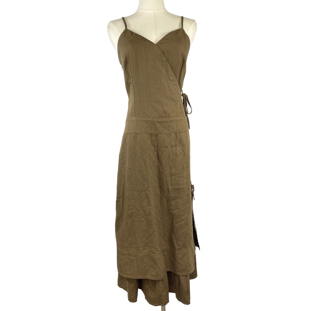 Promod Womens Linen Blend Wrap Midi Dress US4 Brown Earthy Boho Granola Layered